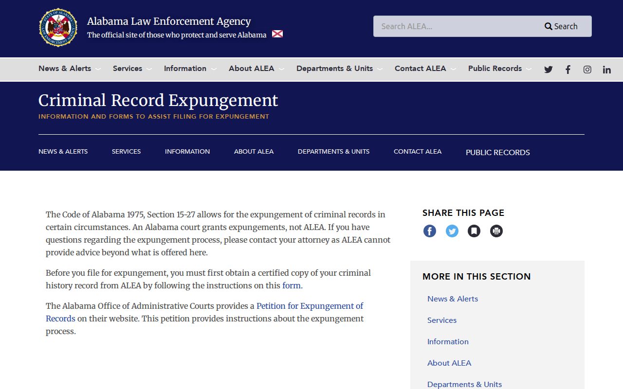 Lee County criminal court records and ALEA expungement information