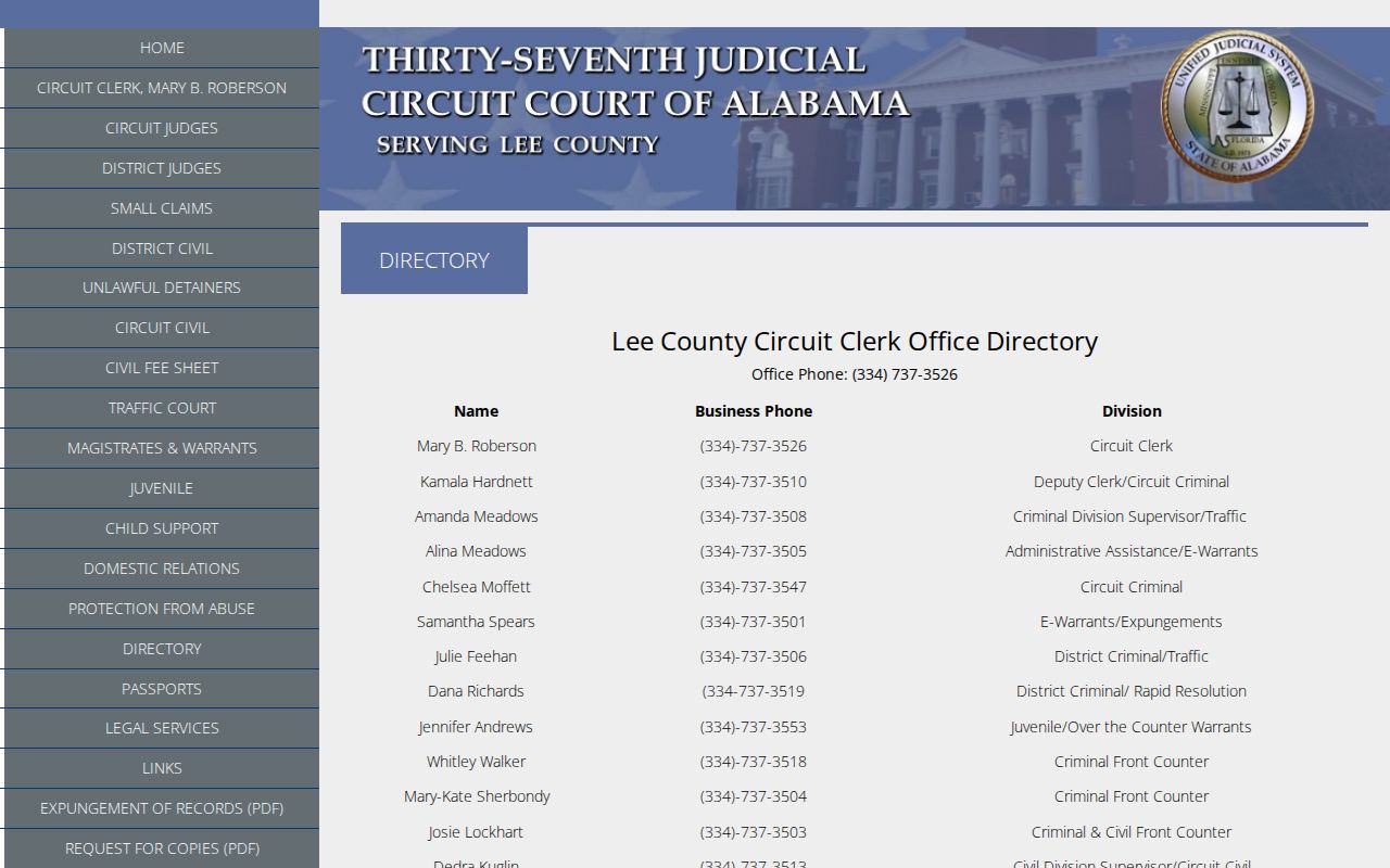 Lee County court records Circuit Clerk division directory
