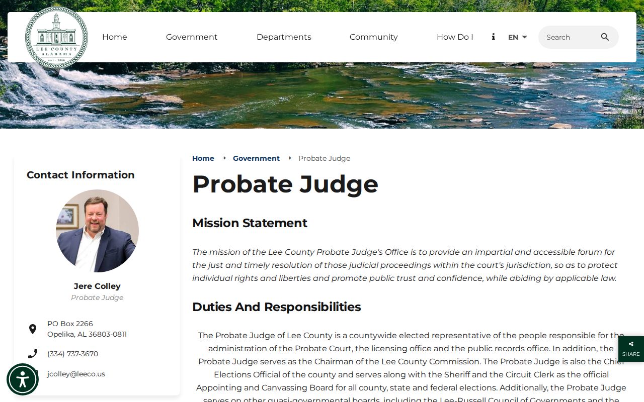 Lee County Probate Court Judge office contact page