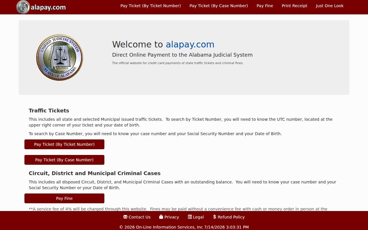 Lee County traffic court records AlaPay payment page