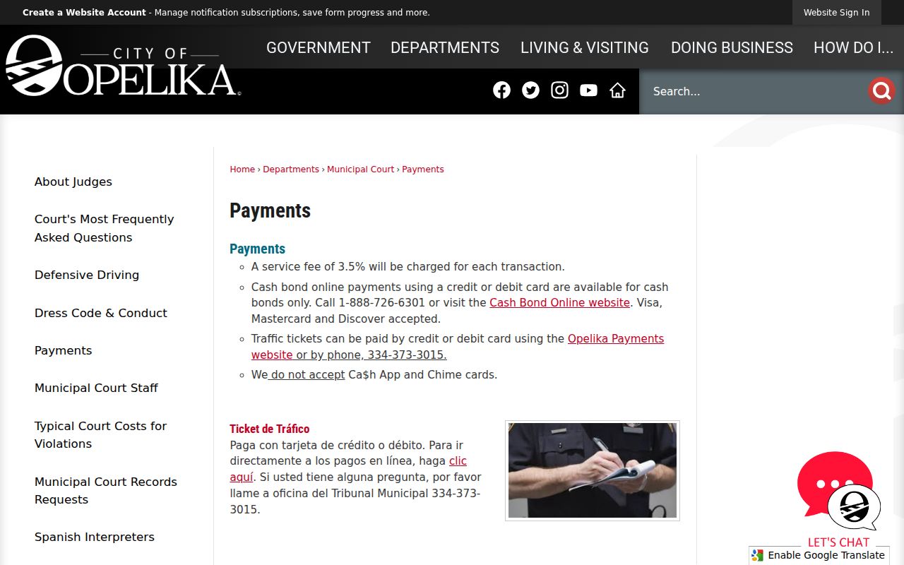 Lee County traffic court records Opelika payment page